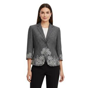 Peck & Peck Women's Gray 100% Linen Floral Embroidered Blazer Jacket Size 8